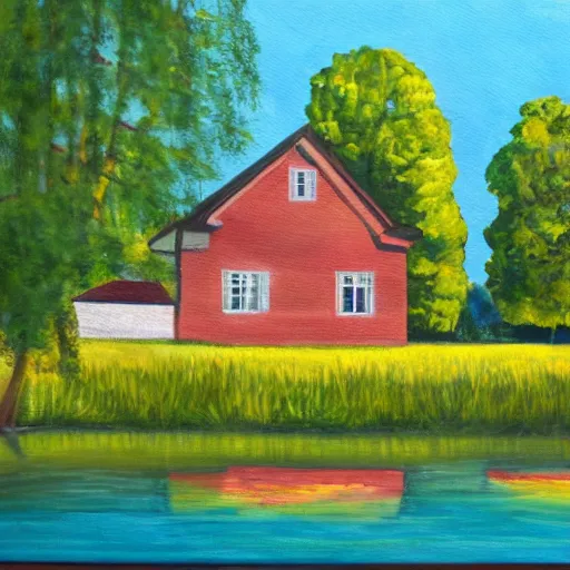 Image similar to painting of a house by a lake