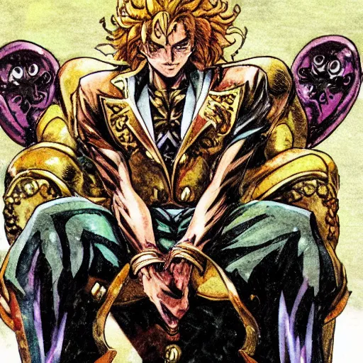 Image similar to dio from jojo's bizarre adventure sitting on a throne, manga art by hirohiko araki