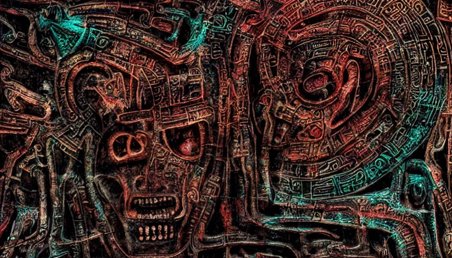 Image similar to h. r. giger hieroglyphs, sorrow intense likely, acid bleeding deep colors, sense of decay given, throw into the abyssal despair, various refining techniques, micro macro auto focus, top photography photo art gallery, realistic photo, insane detail