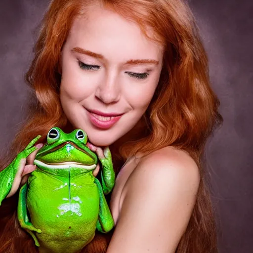 Image similar to a beautiful buxom woman kissing a frog prince, he is sitting in the palm of her hand, she is leaning over, her skin has a glow to it, she also has strawberry blonde hair, refined spontaneity, high - res