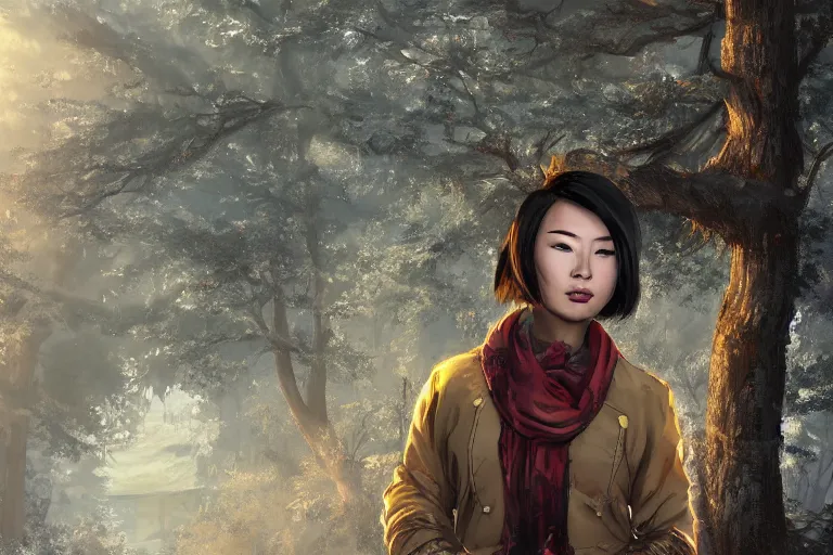 Image similar to fallout 5, charismatic beautiful rugged asian female protagonist, portrait, outdoors in forest, tori gate and shinto shrine in the background, atmospheric lighting, painted, intricate, volumetric lighting, daytime, winter, clear weather, sharp focus, ultra detailed, art by william turner