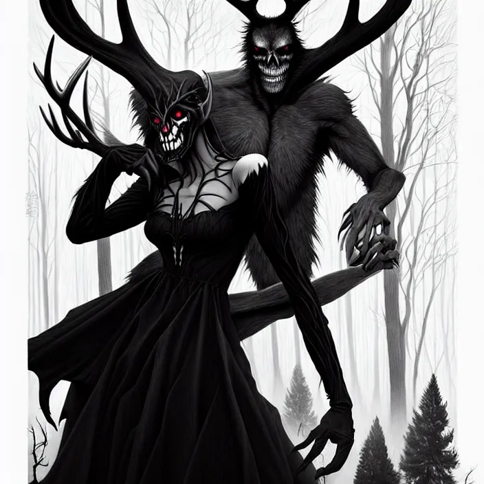 Prompt: style artgerm, joshua middleton, diego fazio, gerald brom : : scary wendigo with antlers and skull face mixed with werewolf : : [ beautiful witch wearing a black dress, symmetrical face, on the right side ] : : in the forest, detailed, dark and foggy, cinematic lighting