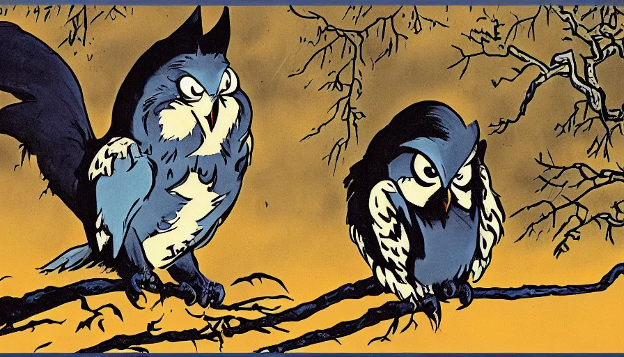 Image similar to saturday morning cartoon show The Lone Ranger as an owl animal, screenshot from 1990s animated show