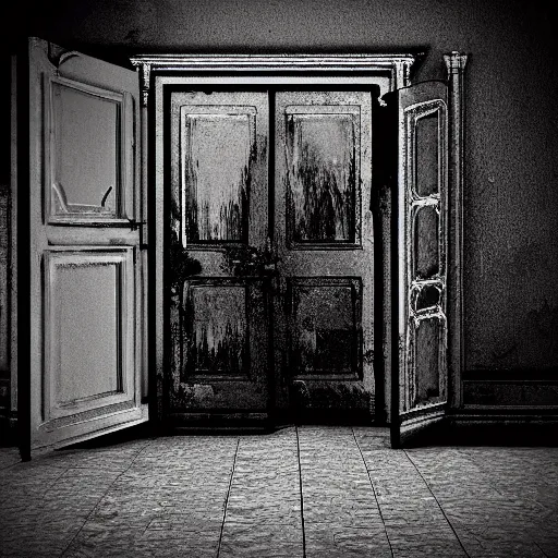 Prompt: its stands in dark corner, eerie, realistic, black and white
