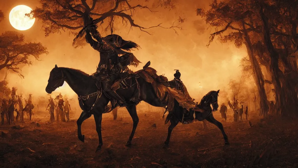 Prompt: a headless!!! colonial rider!!!! holding a ( jack - o - lantern ) on a rampant ( ( black horse ) ) with fiery eyes, background gnarled trees and large supermoon, in the styles of greg rutkowski, keith parkinson, and john quidor, intricate, detailed, volumetric lighting