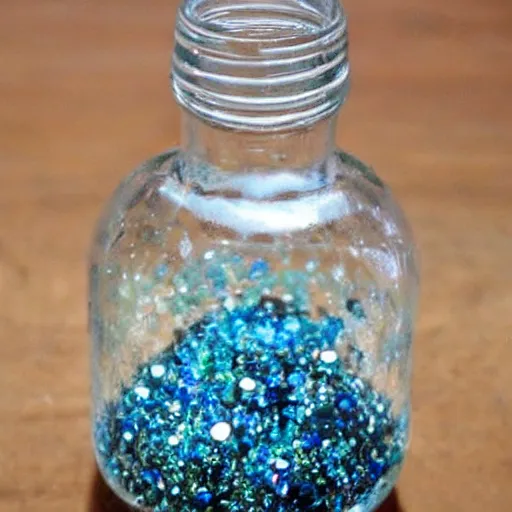 Prompt: there is a glass bottle, it is filled with crystals