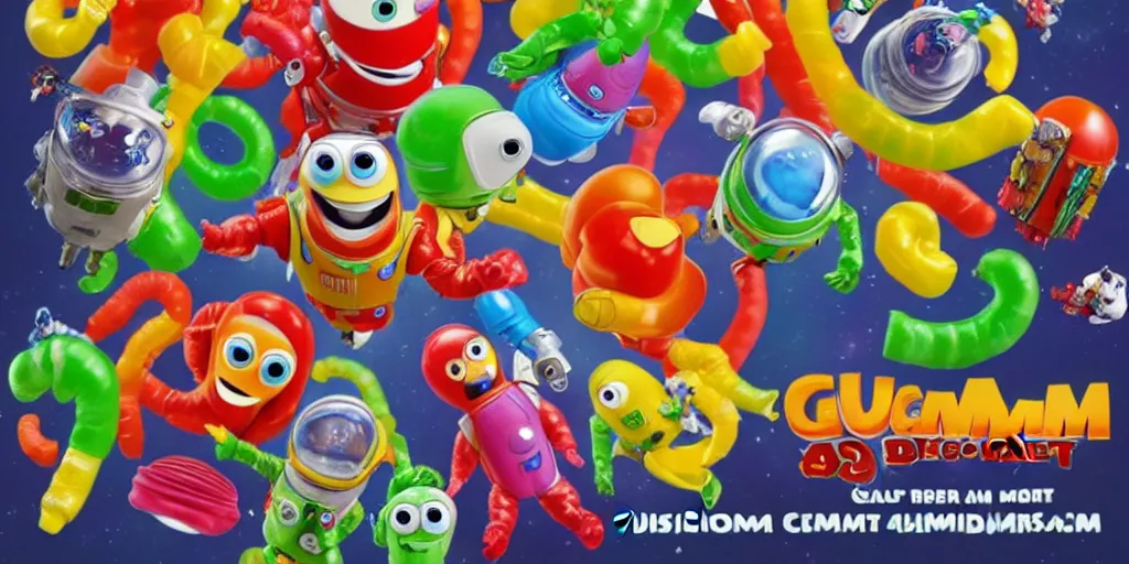 Image similar to a 3 d rendered movie still a gummi worm descendant 1 million years from now. gummi worm wears a spacesuit, and explores cosmos in a super awesome space ship. science fiction blockbuster movie gummi worms rule the world or my stepmom is a gummi worm from space, dramatic lighting, imax 7 0 mm. buzz lightyear