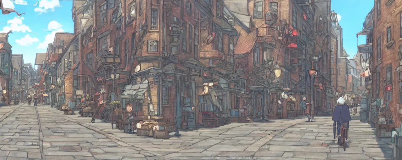 Prompt: A screenshot of the old port in old montreal city street in the scene in the Ghibli anime film, pretty rim highlights and specular