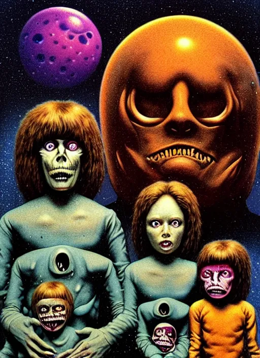 Prompt: detailed image of a creepy family in the deep spacenc, 70s, by richard corben, rich deep colors. masterpiece . intricate artwork, very coherent symmetrical artwork, cinematic, hyper realism, high detail, octane render, unreal engine, 8k, Vibrant colors, Smooth gradients, High contrast, depth of field. by Katsuhiro Otomo, full body character drawing, inspired by Evangeleon, clean ink detailed line drawing, intricate detail, extremely detailed.