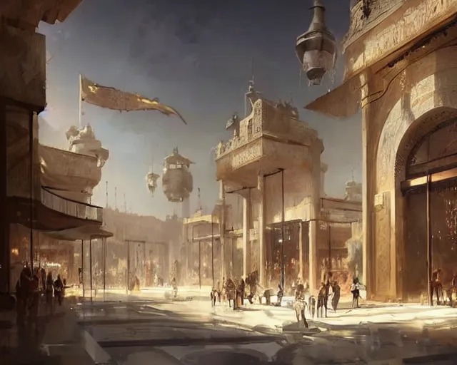 Image similar to a mall in the style of golden age persian empire, art by greg rutkowski and artgerma, stunning concept art, interior design architecture