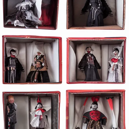 Image similar to new doll line based on the brothers grim storys, photography, advertising, promotional, in box, high quality dolls.