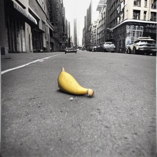 Prompt: wide-shot low-angle cat's eyesight photo of stray cat and a banana peel at the street in New York, polaroid photo, by Andy Warhol, signed