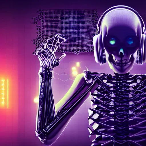 Image similar to cyberpunk skeleton with headphones playing synthesizer, honeycomb structure, smokey lights, lasers, highly detailed, realistic, dusty, technology and magic,