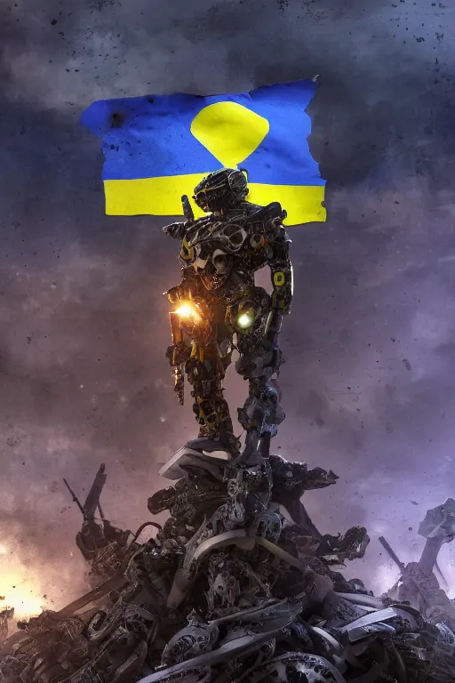 Prompt: A distant view front shot of a cyborg soldier with a Ukrainian flag behind him while he is standing on a huge pile of skulls in triumph after the battle, head is up, flag in hands, dark atmosphere, bright rays of light from the sky, beams of light, intricate, volumetric lighting, neon blue and yellow lights, highly detailed, smooth, artstation, concept art, сinematic lighting, insanely detailed, smooth, sharp focus, Artstation, 8k, unreal engine, hyper realistic, steampunk style, bright background, moonlight, volumetric lighting, wallpaper, digital illustration by Ruan Jia and Mandy Jurgens and Artgerm and Wayne Barlowe and Greg Rutkowski and Frank Frazetta