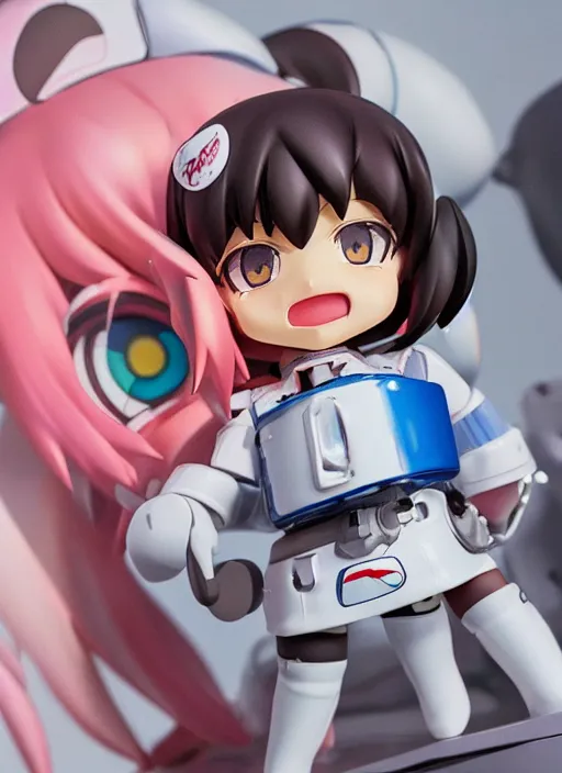 Prompt: a hyperrealistic oil painting of a kawaii mecha musume girl nendoroid caricature with a big dumb grin featured on source filmmaker by George Condo