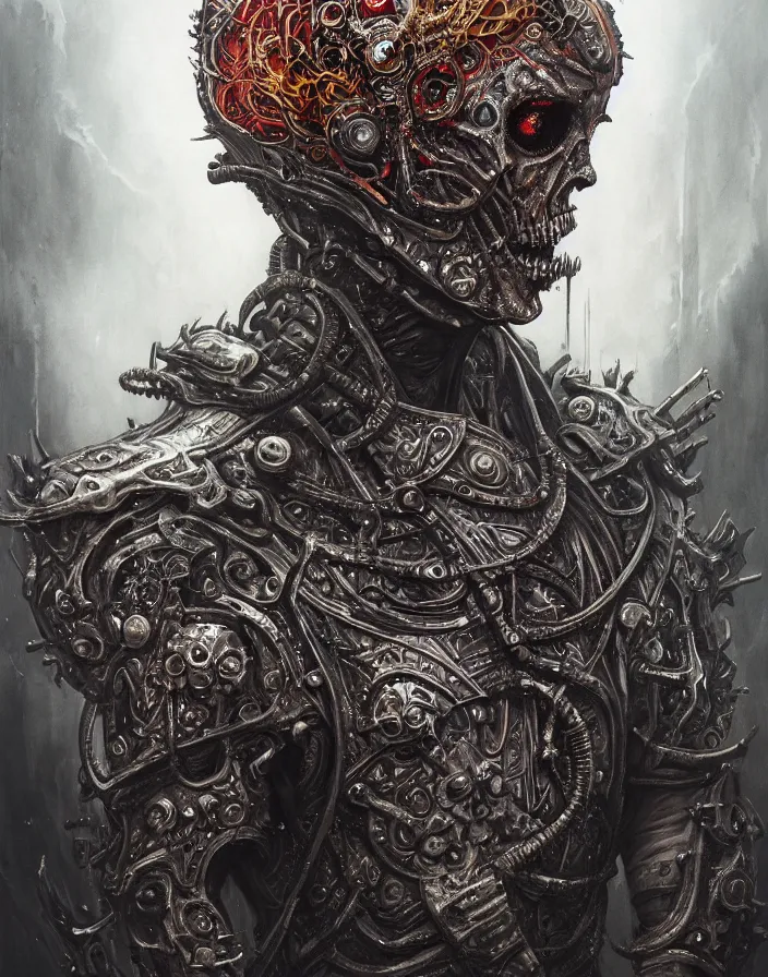 Prompt: art portrait of an undead kingof hell, intricate detailed armour ,8k,by tristan eaton,Stanley Artgermm,Tom Bagshaw,Greg Rutkowski,Carne Griffiths, Ayami Kojima, Beksinski, Giger,trending on DeviantArt,face enhance,hyper detailed,minimalist,cybernetic, android, blade runner,full of colour,