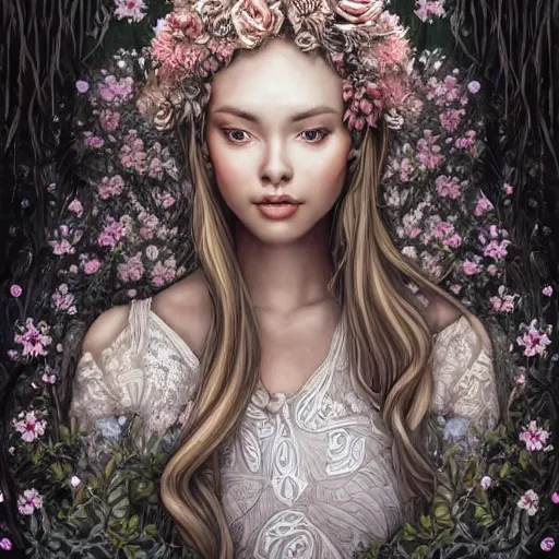 Image similar to a picture of a beautiful woman with a symmetrical detailed face, dressed in a white lace dress and covered in flowers and leaves sitting in an enchanted forest, sunset, high fantasy, elegant, epic, detailed, intricate, digital painting, concept art, realistic detailed face, smooth, focus,