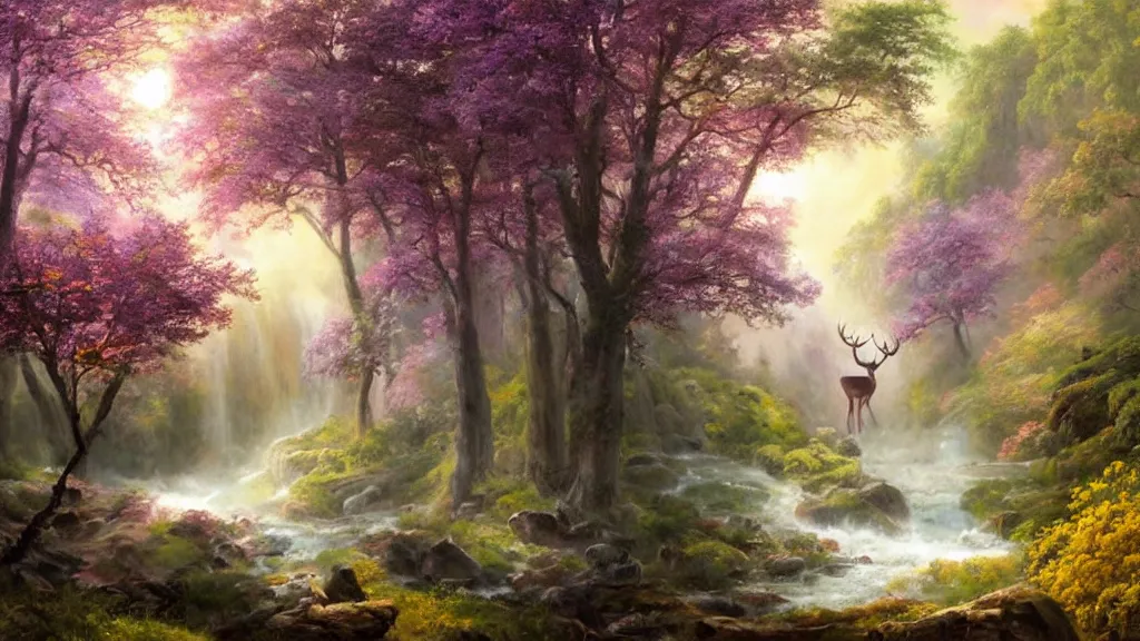 Image similar to the most beautiful panoramic landscape, oil painting, where a giant dreamy waterfall creates a river, the trees around are starting to bloom in pink, purple and yellow colors, a majestic deer is in close - up and it is under a giant tree while it is exhaling steam, the ray lights of the sunrise are brightening him, by greg rutkowski