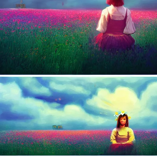 Image similar to giant daisies flower as head, girl sitting in a flower field, surreal photography, sunrise, dramatic light, impressionist painting, colorful clouds, digital painting, artstation, simon stalenhag