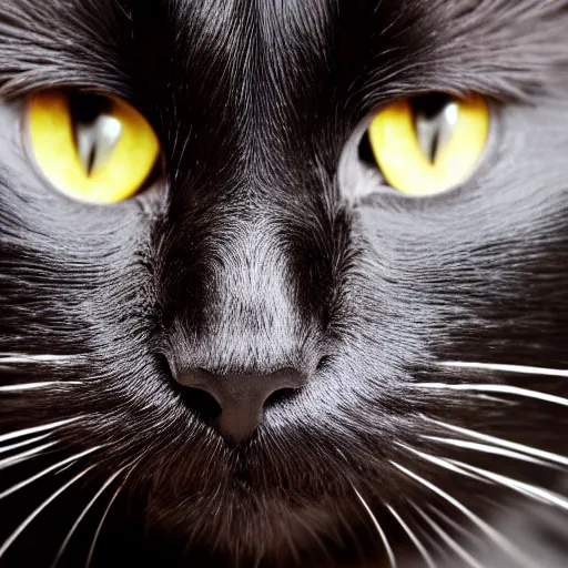 Image similar to intricate photo of a black cat, extreme close up on the cats face, cat facing right