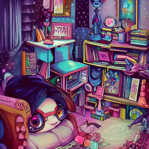 Prompt: lonely goth nerd sitting in cluttered room alone, by jeremiah ketner, aesthetic!!!, detailed, realistic, hyper realism, small details, goth aesthetic,