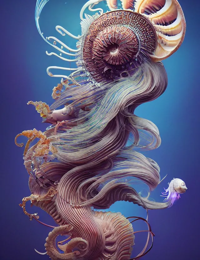 Image similar to 3 d goddess nautilus half - turn portrait with long hair with ram skull. beautiful intricately detailed japanese crow kitsune mask and clasical japanese kimono. betta fish, jellyfish phoenix, bio luminescent, plasma, ice, water, wind, creature, artwork by tooth wu and wlop and beeple and greg rutkowski