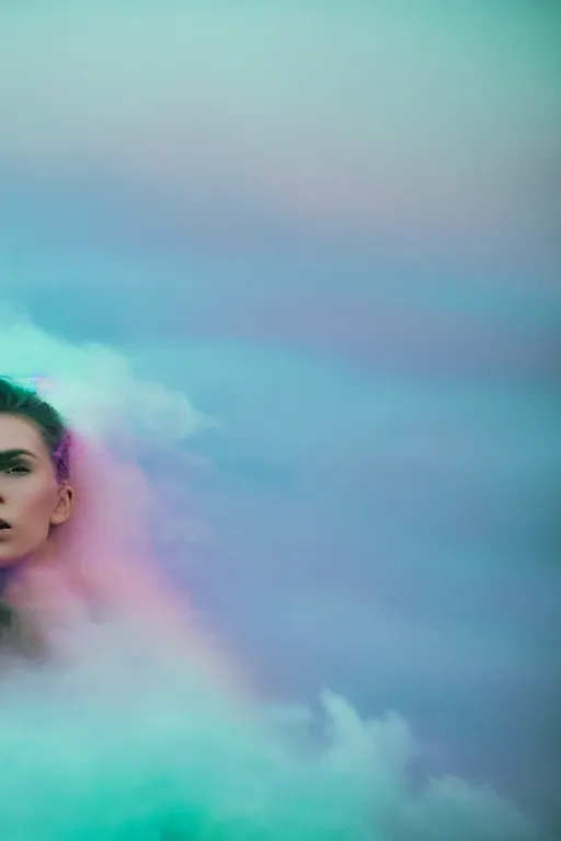 Image similar to high quality pastel coloured film close up wide angle photograph of a model wearing clothing resting on cloud furniture in a icelandic black rock!! environment in a partially haze filled dreamstate world. three point light, rainbow. photographic production. art directed. pastel colours. volumetric clouds. pastel gradient overlay. waves glitch artefacts. extreme facial clarity. 8 k. filmic.