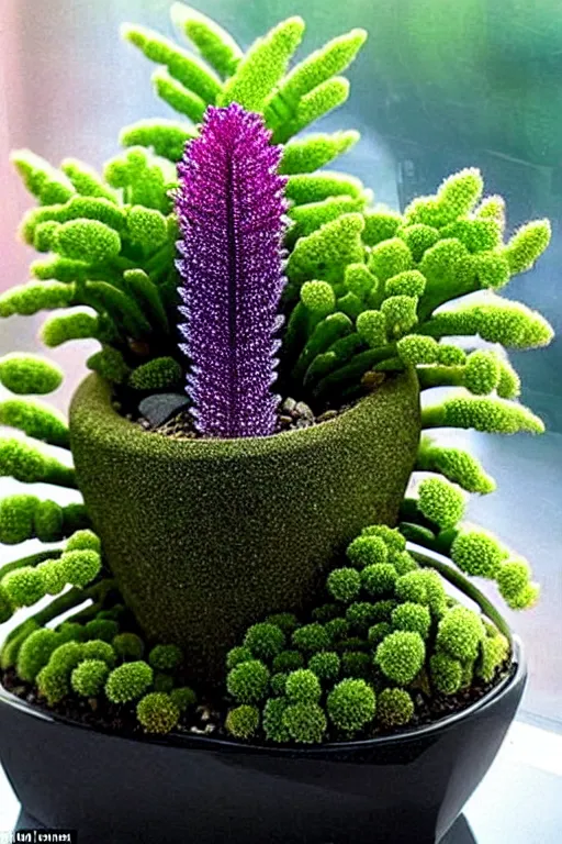 Image similar to crystals shaped like exotic succulent fern shrubbery, a potted plant made of gemstones in a windowsill