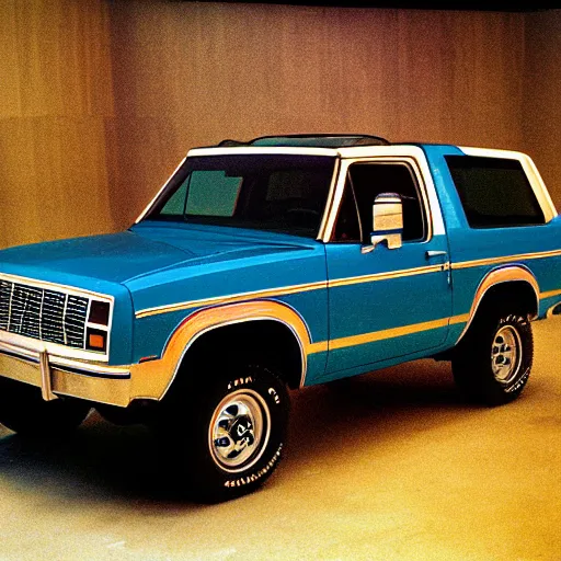 Image similar to 1984 Grand National Bronco, inside of an auto dealership, ektachrome photograph, volumetric lighting, f8 aperture, cinematic Eastman 5384 film