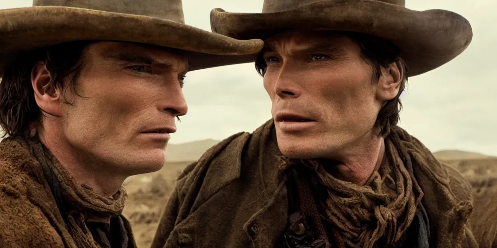 Prompt: portrait of rugged bandit cillian murphy in the old west, strangling a cowboy in volumetric lighting, cinematic, dark, grim. directed by coen brothers.