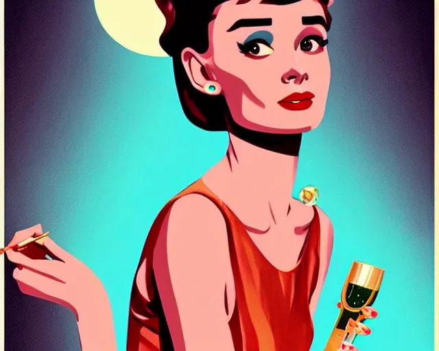 Prompt: teenage audrey hepburn in art deco style, champagne commercial, artstation, illustration, bright, cheerful, detailed and intricate environment