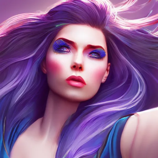 Prompt: half - electric woman, cute - fine - face, pretty face, oil slick hair, realistic shaded perfect face, extremely fine details, realistic shaded lighting, character design by riot games