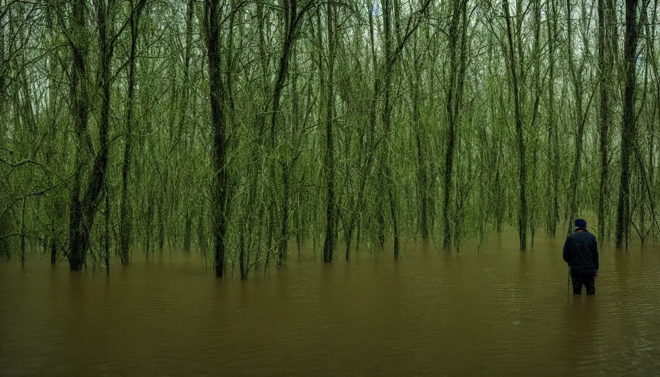 Prompt: person inspecting high flood in the middle grassy swamps, wavy water, dark, atmospheric, ambient vibe, very detailed, 8 k