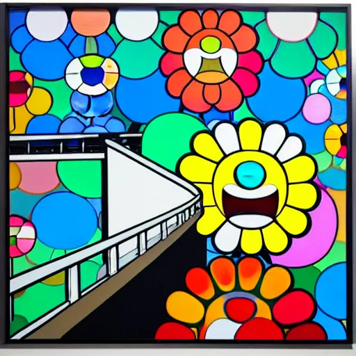 Image similar to man walking across bridge, bright colors, Takashi Murakami, Minimalist,