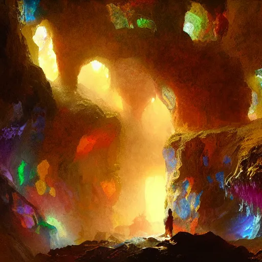 Prompt: a beautiful cave illuminated by shiny crystals of various colours, dark, by craig mullins