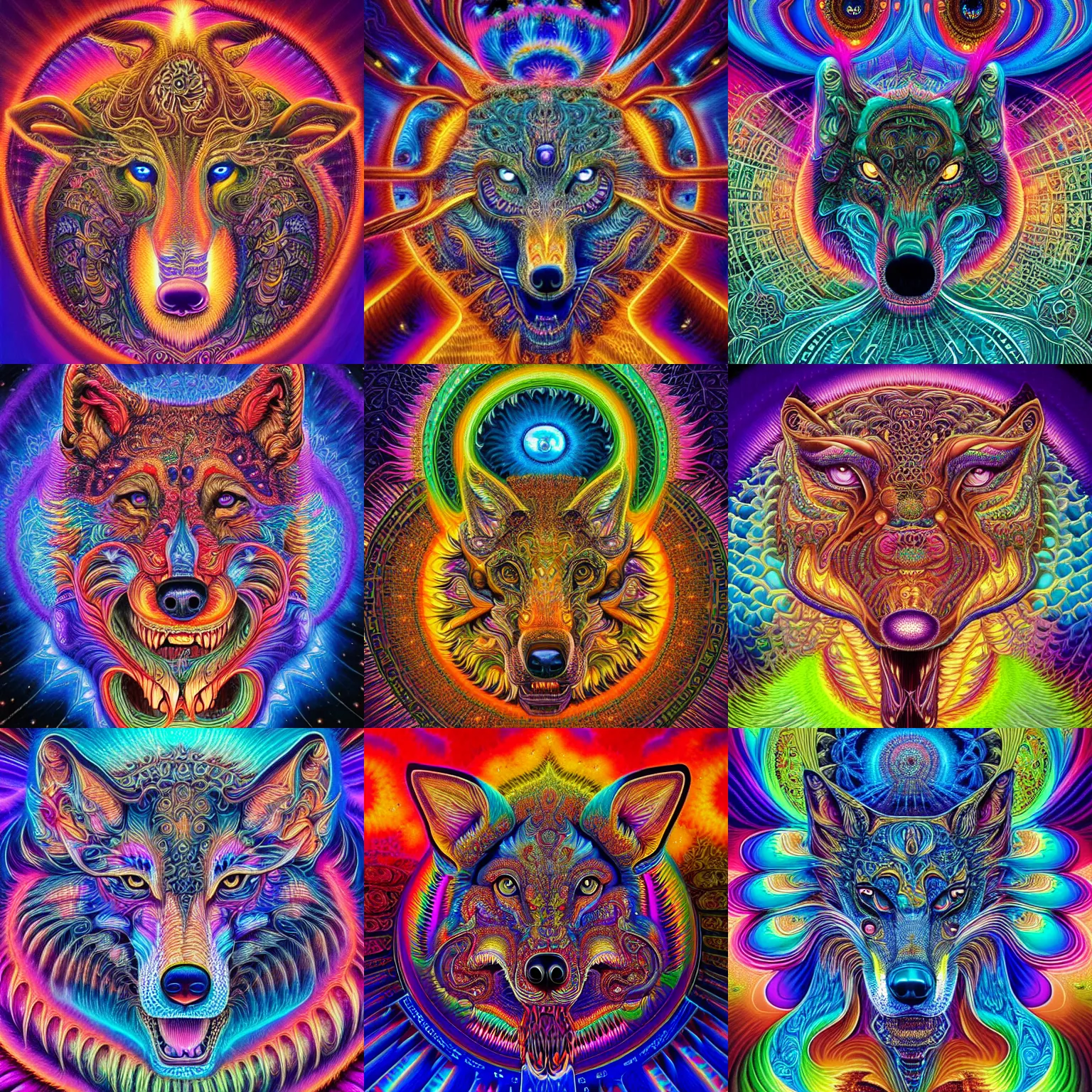 Prompt: a intricate ornate psychedelic image of a wolf head opening into the universe, digital art by alex grey and dan mumford, instagram contest winner, psychedelic art, psychedelic, fractalism, fractals, artstation, ultra fine detailed, illustration, art, hyper realism, hyper detailed, octane render, 8 k