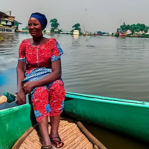 Prompt: nigerian woman on a canoe boat in lagos