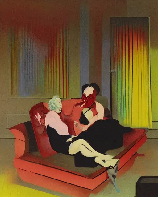 Image similar to old dead couple sitting on a couch and a dark figure crying in the corner with clouds at red and yellow art deco interior room in the style of Francis Bacon and Syd Mead, open ceiling, highly detailed, painted by Francis Bacon and Edward Hopper, painted by James Gilleard, surrealism, airbrush, very coherent, triadic color scheme, art by Takato Yamamoto and James Jean