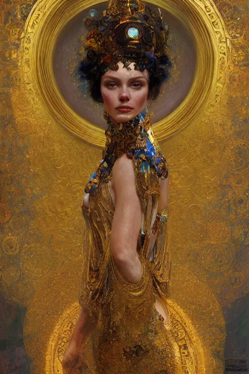 Prompt: an intricate artistic klimt golden motives and textures, hyper detailed, ornamental gold headpiece, octane render, vivid colors, artstation, by jeremy mann, by alphonse mucha, by boris vallejo