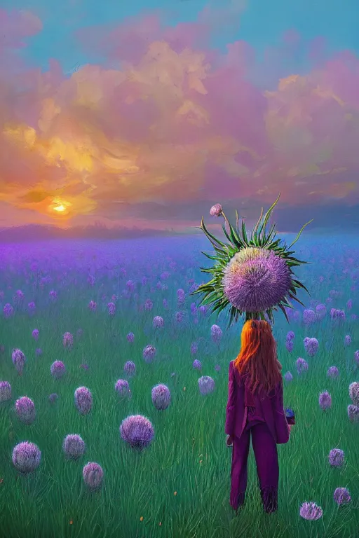 Prompt: portrait, huge thistle flower under head, a girl in suit in field of flowers, surreal photography, sunrise, blue sky, dramatic light, impressionist painting, digital painting, artstation, simon stalenhag