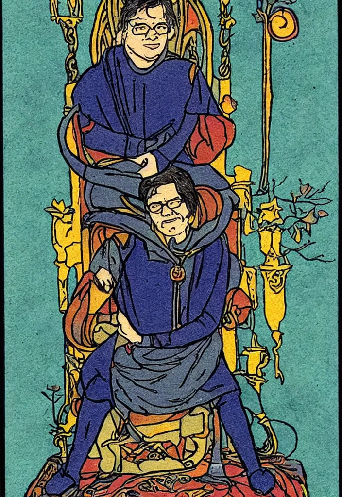 Image similar to Yann LeCun sitting on the throne on a tarot card, illustrated on the Rider–Waite tarot.