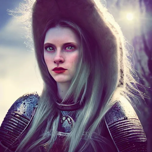 Prompt: head and shoulders portrait of a female knight, narrow face and high cheekbones, blue eyes, long red hair, dramatic lighting, cinematic lens flare, glow filter, 3 5 mm f 1. 4, kodachrome