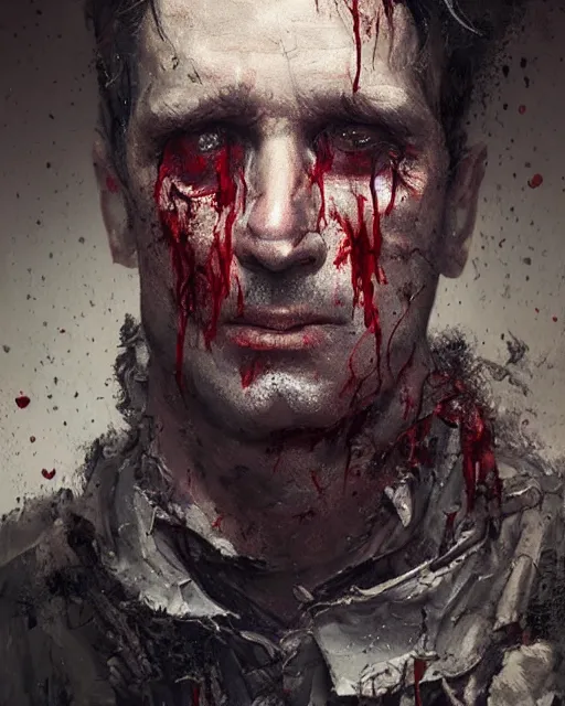 Image similar to A hyper realistic oil portrait of a man in his 40s dressed like a priest, torn clothes, covered in wounds, blood on clothes, by Greg Rutkowski, creepy atmosphere, gloomy lighting, trending on artstation