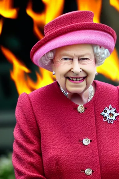 Prompt: queen Elizabeth smiling and waving while on fire