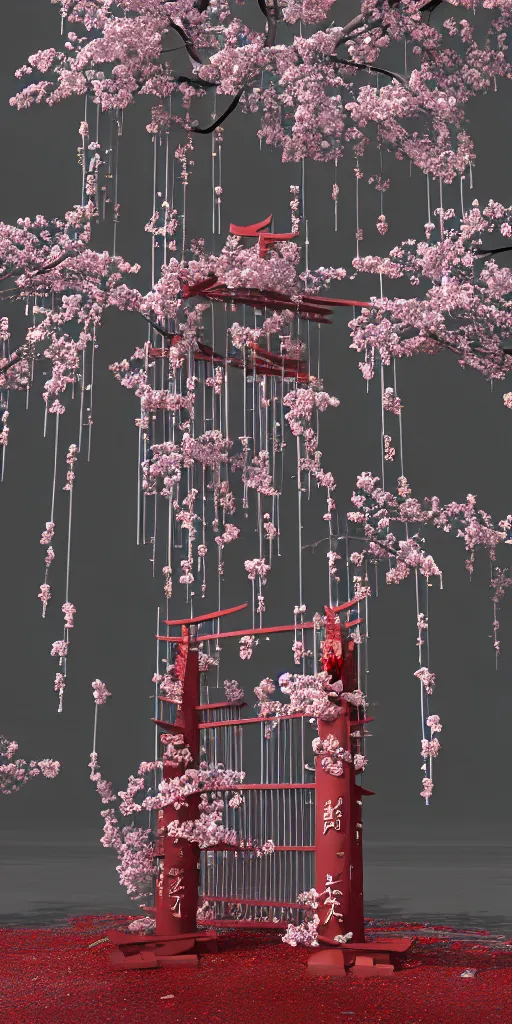 Image similar to 3 d photographic render of melting japanese torii gate and sakura flowers sculpture made of chrome, chrometype, made of liquid metal, neotribal with thorns and thunders, cyberpunk, raytracing, fov, hyper realistic, volumetric lightning, 8 k, by zhelong xu and ouchh studio