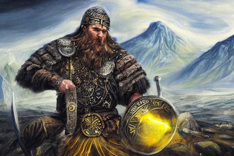 Image similar to mythological viking odin Shaman of artificial intelligence creating an artificial neural network with yellow synapses on an anvil, dark mystical mountains in the background, high resolution, award winning art, trending on art station, sharp image, incredibly detailed, detailed character realistic painting,