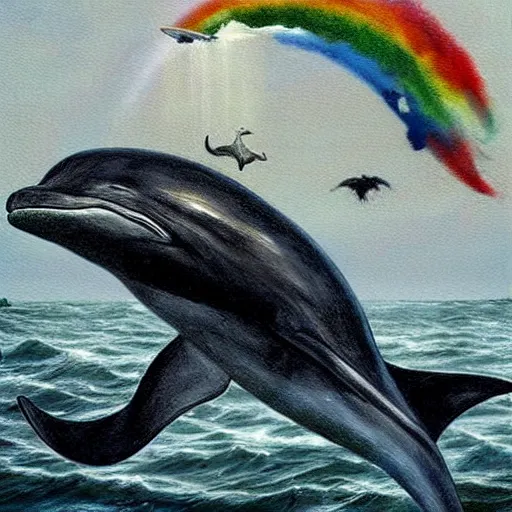 Prompt: a hyper realistic painting of the grim reaper riding a dolphin over a rainbow, by santiago caruso, highly detailed, vivid color,