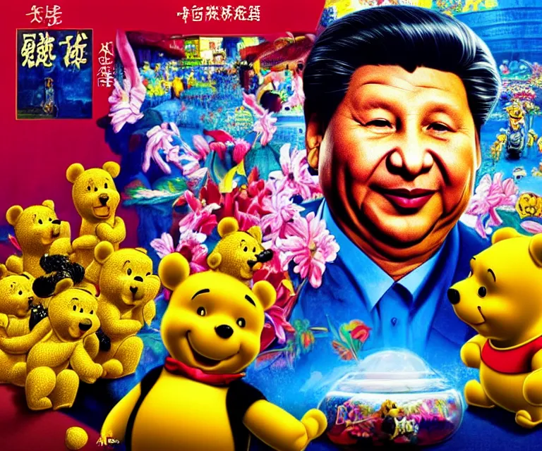 Image similar to hyperrealism movie still photography of real detailed high xi jinping with detailed face with high winnie the pooh marijuana dmt lsd ecstacy cocaine hyperrealism photography by araki nobuyoshi