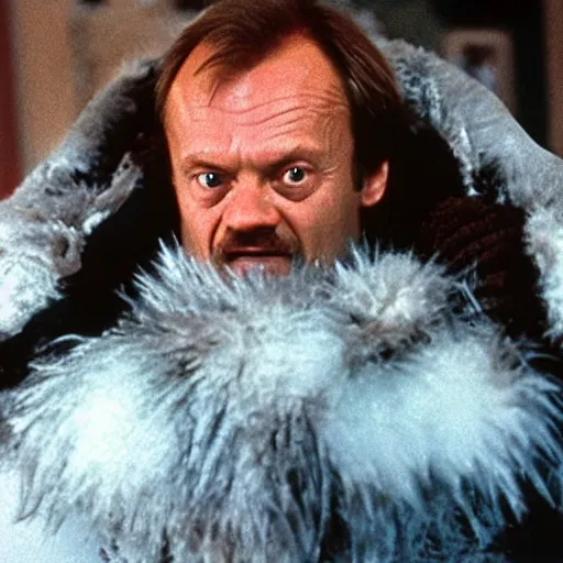 Image similar to Donald Tusk in a still from the movie The Thing (1982), cold