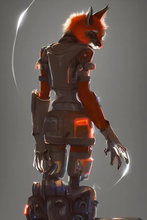 Image similar to an anthropomorphic cyberpunk fox, backlighting, trending on artstation, digital art, furry art, trending on furaffinity, fantasy art, by kawacy, view from behind, fluffy tail